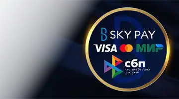Изображение популярных платежных логотипов, таких как Visa, Mastercard и МИР, а также Sky Pay, подчеркивающее гибкость платежей в Онлайн-казино Maxbetslots интернет-казино.
